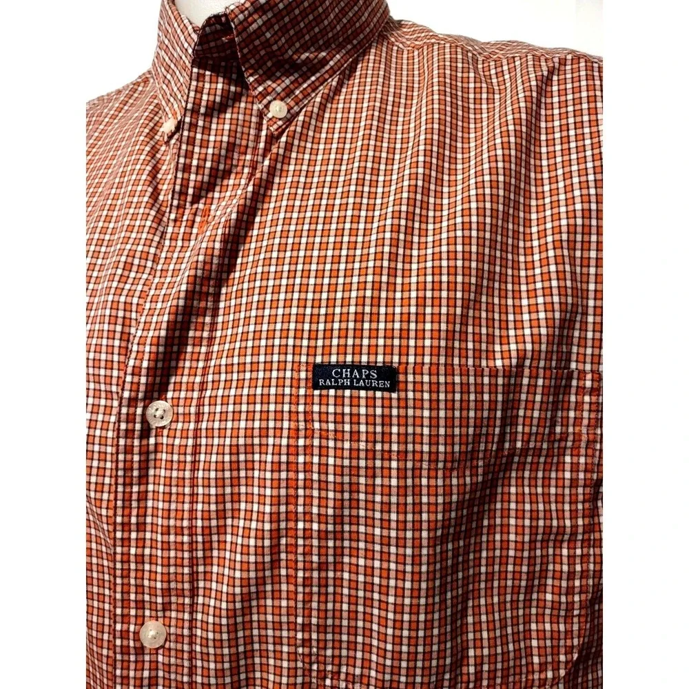 Chaps Ralph Lauren Shirt Large Mens Y2K Norm Core Orange‎ White Mini Plaid Retro